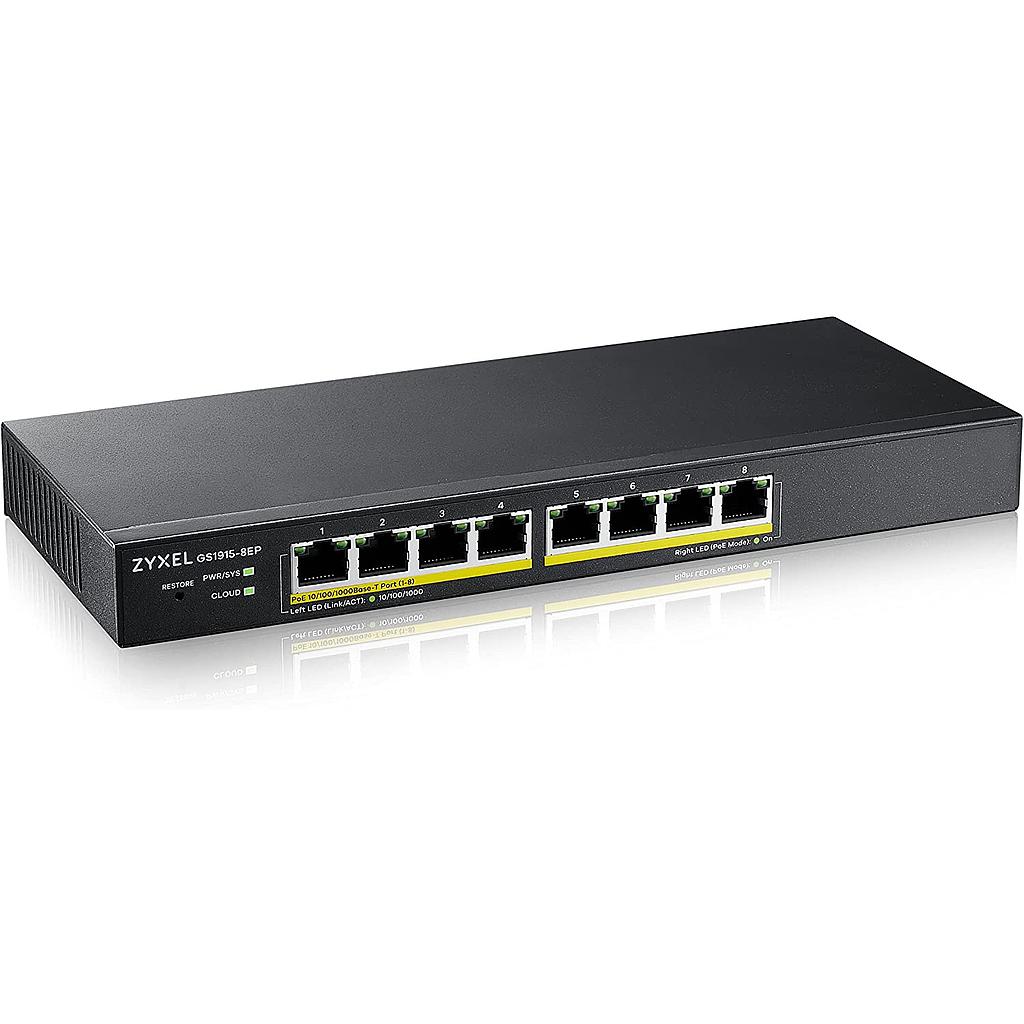 ZyXEL GS1915-8EP,8-port GbE Smart hybrid mode PoE (60W 802.3at PoE budget) switch, desktop, fanless