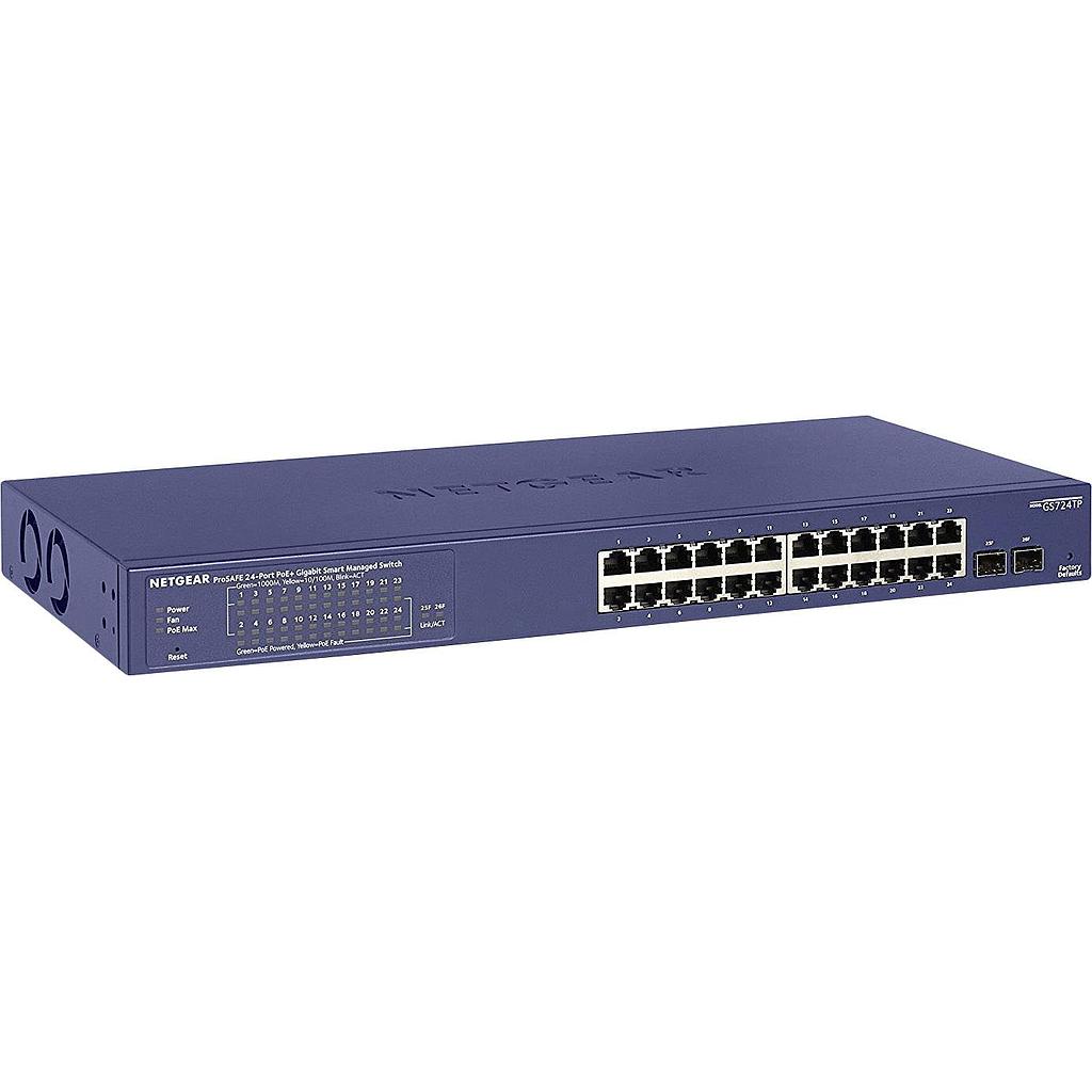 Netgear switch GS724TP web management, rack mountable, 24*1 Gbps (RJ-45) ports, 2*SFP ports, 24*PoE+ ports, PSU single