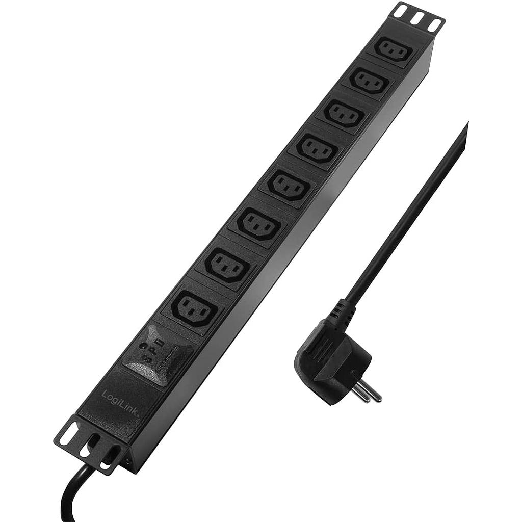 Power distribution unit (PDU) LogiLink, 19&quot; 1U 10A 2M 8*IEC C13 sockets, black, German plug CEE 7/7, angled, with surge protection