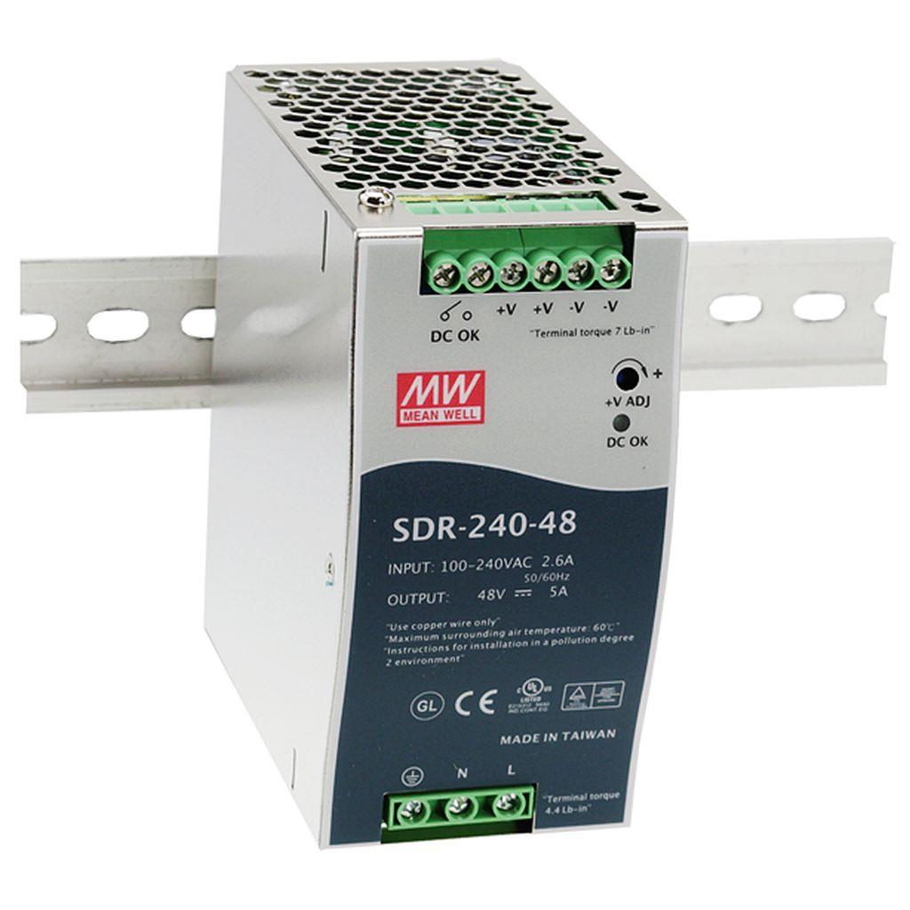MeanWell SDR-240-48, DIN rail power supply 240W, in 90-264V AC, out 48V DC, 5A