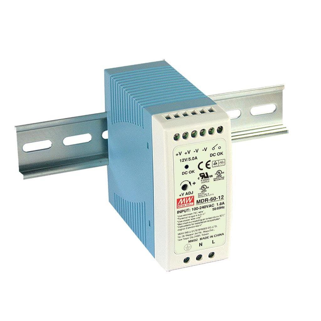 MeanWell MDR-60-12, DIN rail power supply 60W, in 90-264V AC, out 12V DC, 5A