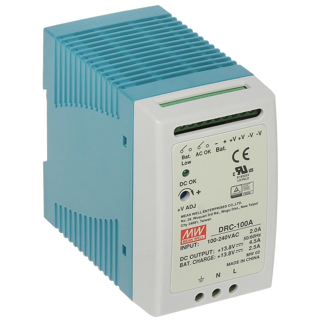 MeanWell AC-DC DIN rail single output power supply with battery charger (UPS function) DRC-100A, output 13.8Vdc@4.5A &amp; 13.8Vdc@2.5A