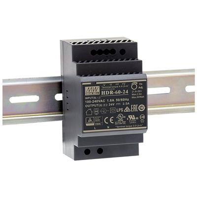 MeanWell HDR-60-48 AC-DC ultra slim DIN rail 60W power supply; input range 85-264VAC, 120-370V DC; output 48V DC @ 1.25A; pass LPS