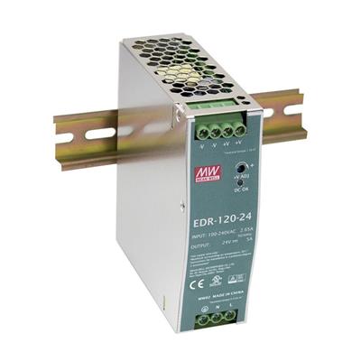 MeanWell EDR-120-24 AC-DC industrial DIN rail 120W power supply; input range 90-264VAC, 127-370V DC; output 24V DC @ 5A; metal case