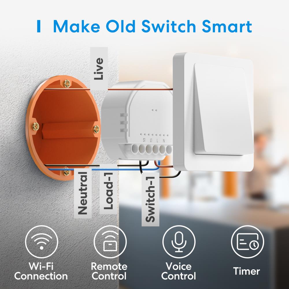 Meross smart in-wall WLAN light switch MSS810HK, EU, Wi-Fi 2.4GHz, remote &amp; voice control (neutral wire required)
