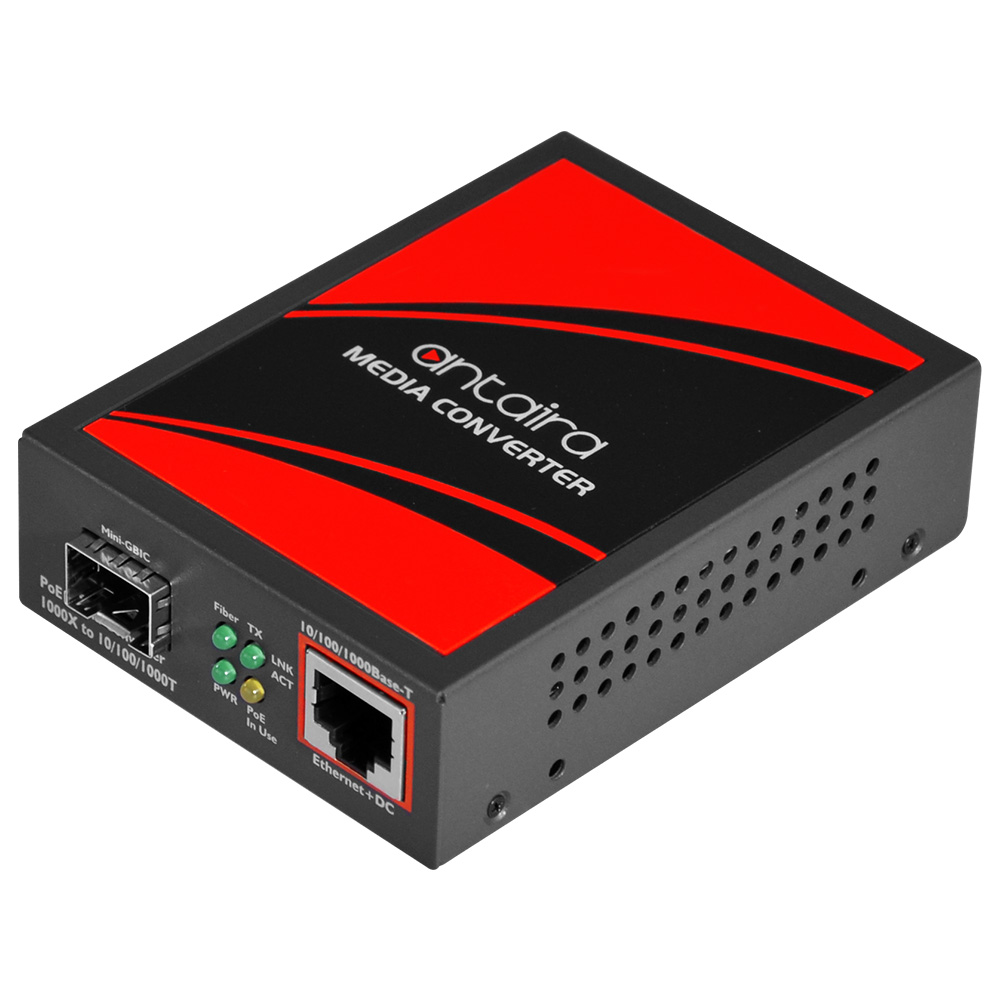 Antaira 10/100/1000TX to SFP (Mini-GBIC) media converter w/ IEEE 802.3at PoE+ injector port