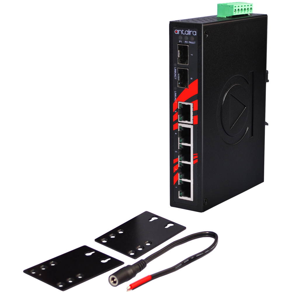 Antaira LNX-0702C-SFP, 7-port industrial unmanaged Ethernet switch, with 5*10/100Tx and 2*100/1000 SFP slots