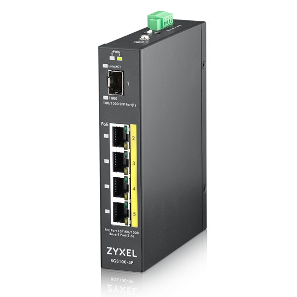 5  Port unmanaged PoE Switch, 120 Watt PoE, DIN Rail, IP30, 12-58V DC