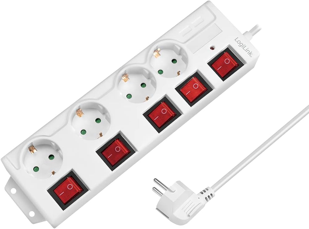 LogiLink LPS252 4-way power strip 1.5m (CEE 7/3) with 5*on/off switch, with surge protection + built-in safety shutter (increased touch protection), white