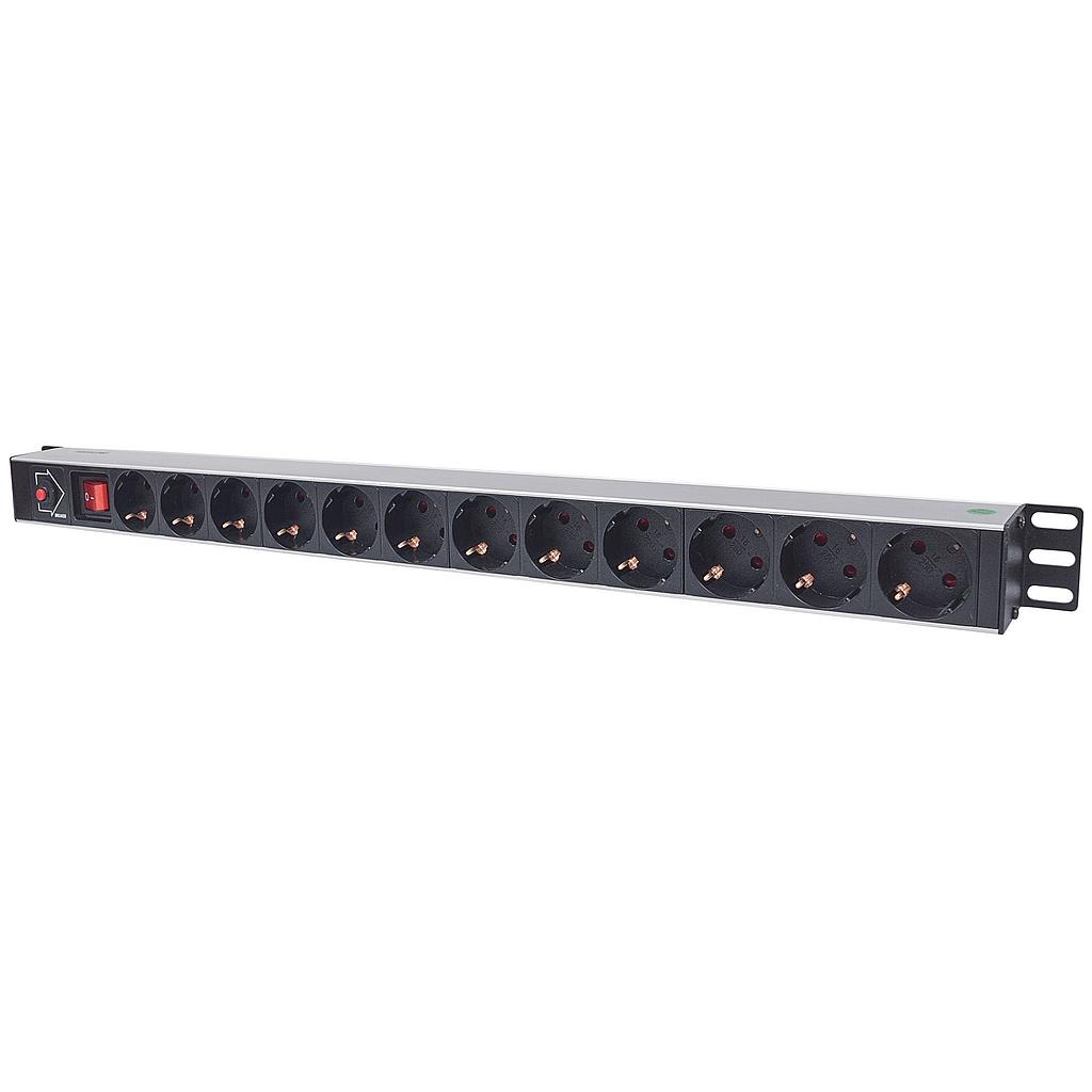 Intellinet vertical rackmount 12-way power strip - German type, with on/off switch and overload protection, 1.6m power cord