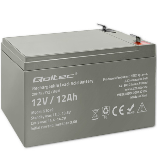 Qoltec AGM battery 12V 12Ah maintenance-free, efficient, LongLife, for UPS, security
