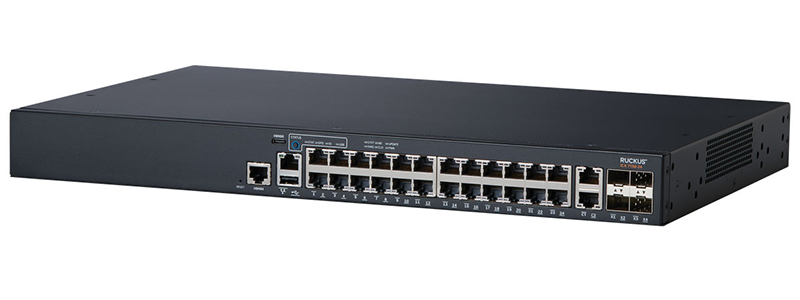 Ruckus ICX 7150 PoE+ (370W budget) switch, 24*10/100/1000 ports, 2*1G RJ45 uplink-ports, 4*1G SFP uplink-ports upgradable to up to 4*10G SFP+ with license, basic L3 (static routing &amp; RIP)