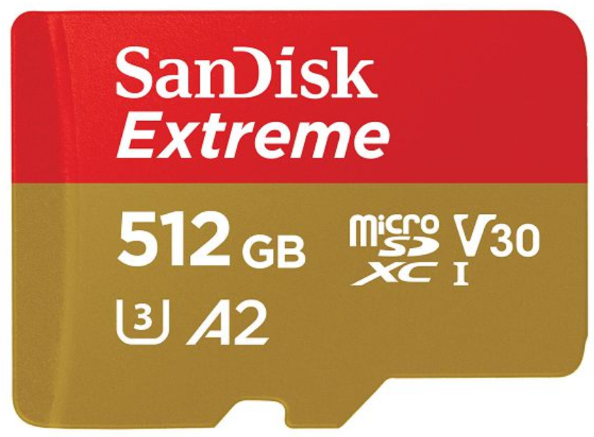 SanDisk 512GB Extreme microSDXC UHS-I memory card with adapter, C10, U3, V30, 4K, 5K, A2, micro SD card