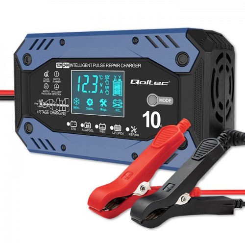 Qoltec intelligent charger for STD AGM GEL LiFePO4 | battery charger with repair function |12-24V |10A | LCD | 9 - stage charging