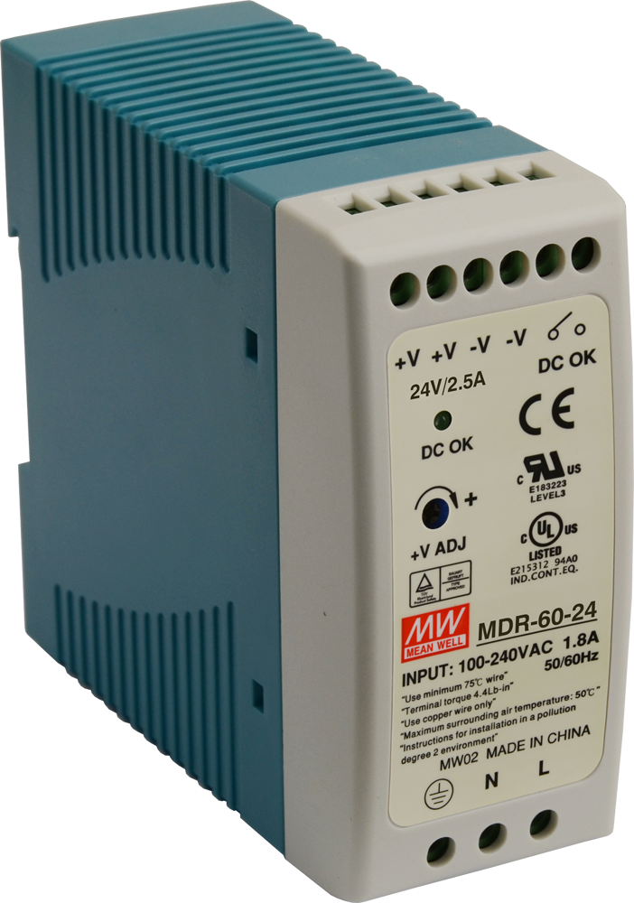 MeanWell 60 W/2.5 A DIN-rail 24 VDC singel output industrial power supply, universal 85 to 264 VAC or 120 to 370 VDC input voltage, -20 to 70°C operating temperature