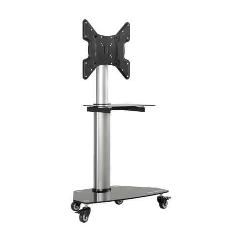 Premier rolling TV cart for 32” to 55” displays, black glass base and shelf, locking casters