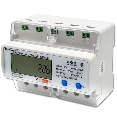 Qoltec three-phase electronic meter, DIN rail energy consumption meter, 400V, LCD, Wi-Fi
