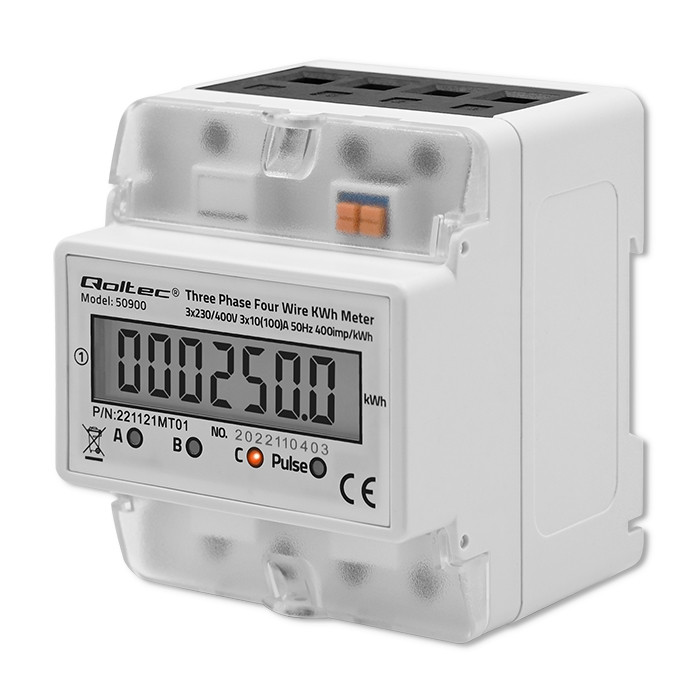 Qoltec DIN rail three phase electronic energy consumption meter, 400V, LCD, 4P