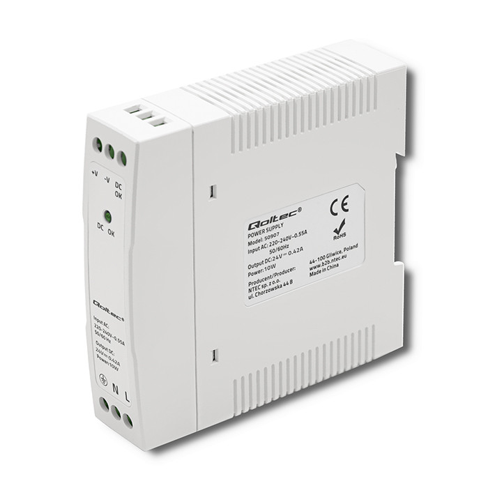 Qoltec DIN rail power supply, 24V, 0.42A, 10W, white, slim